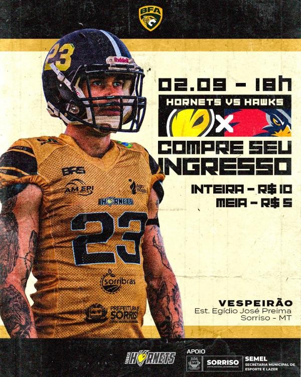 Em casa, Sorriso Hornets recebe Rondonópolis Hawks na Liga Brasileira de Futebol Americano