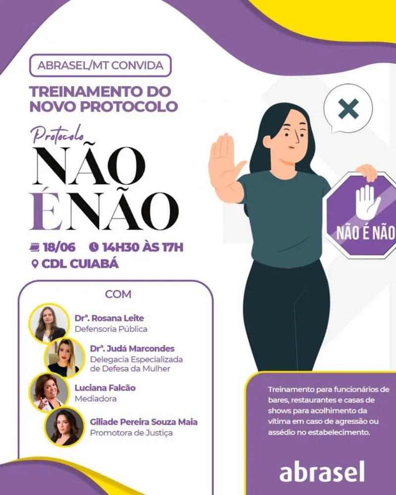 Não é Não é tema de treinamento da Abrasel-MT para funcionários ajudarem em caso de violência contra a mulher